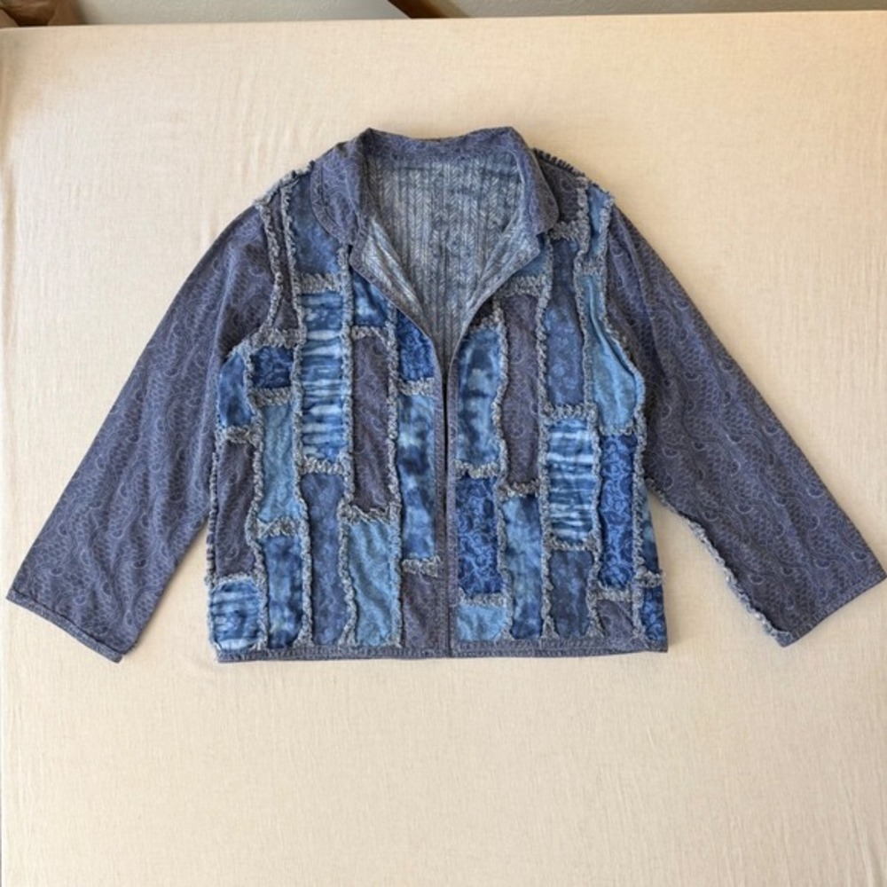 Handmade Patchwork Jacket Women L Blue Quilted Rag Style Artisan Boho Chore Coat